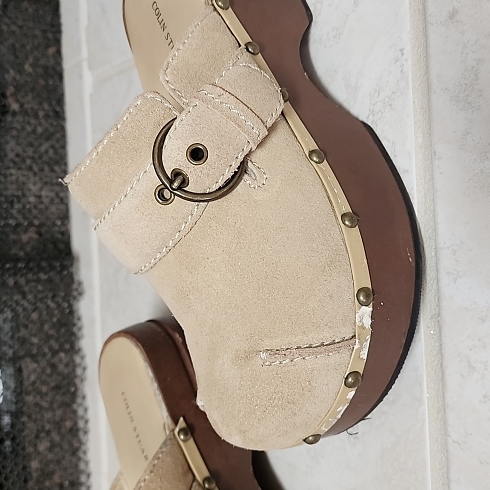 Colin Stuart Light Tan Nubuck Platform Mules - image 6